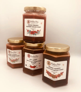 organic infused honey.  Infused strawberry honey, raspberry honey, raw chocolate honey, hot honey