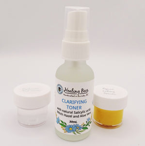 a sampler pack of rejuvenating serum, clarifying toner and 2% hyaluronic acid  a one month supply