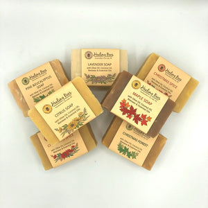 Healing Bees Natural Skincare - Bar Soaps. Made with Olive oil & Coconut, Shea Butter Canola oil, Castor oil, Beeswax, and Essential oils. This soap can be used on all skin types and is 100% natural. This beautiful hard bar of soap makes lots of bubbles but mild enough for sensitive skin types.