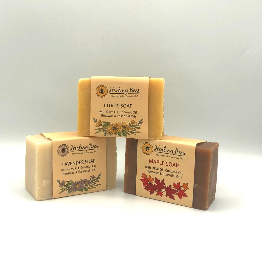 Healing Bees Natural Skincare - Bar Soaps. Made with Olive oil & Coconut, Shea Butter Canola oil, Castor oil, Beeswax, and Essential oils. This soap can be used on all skin types and is 100% natural. This beautiful hard bar of soap makes lots of bubbles but mild enough for sensitive skin types.