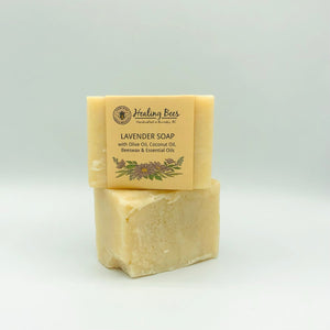 Healing Bees Natural Skincare - Bar Soaps. Made with Olive oil & Coconut, Shea Butter Canola oil, Castor oil, Beeswax, and Essential oils. This soap can be used on all skin types and is 100% natural. This beautiful hard bar of soap makes lots of bubbles but mild enough for sensitive skin types.