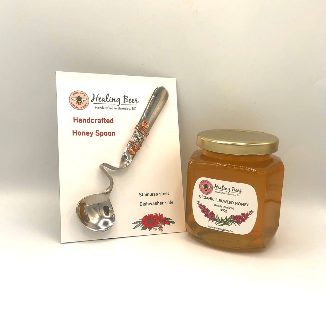 handcarfted honey spoon made with stainless steel quality spoon and 400g organic fireweed honey