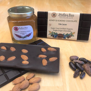 organic single origin chocolate with organic honey and certified organic fruits and almonds