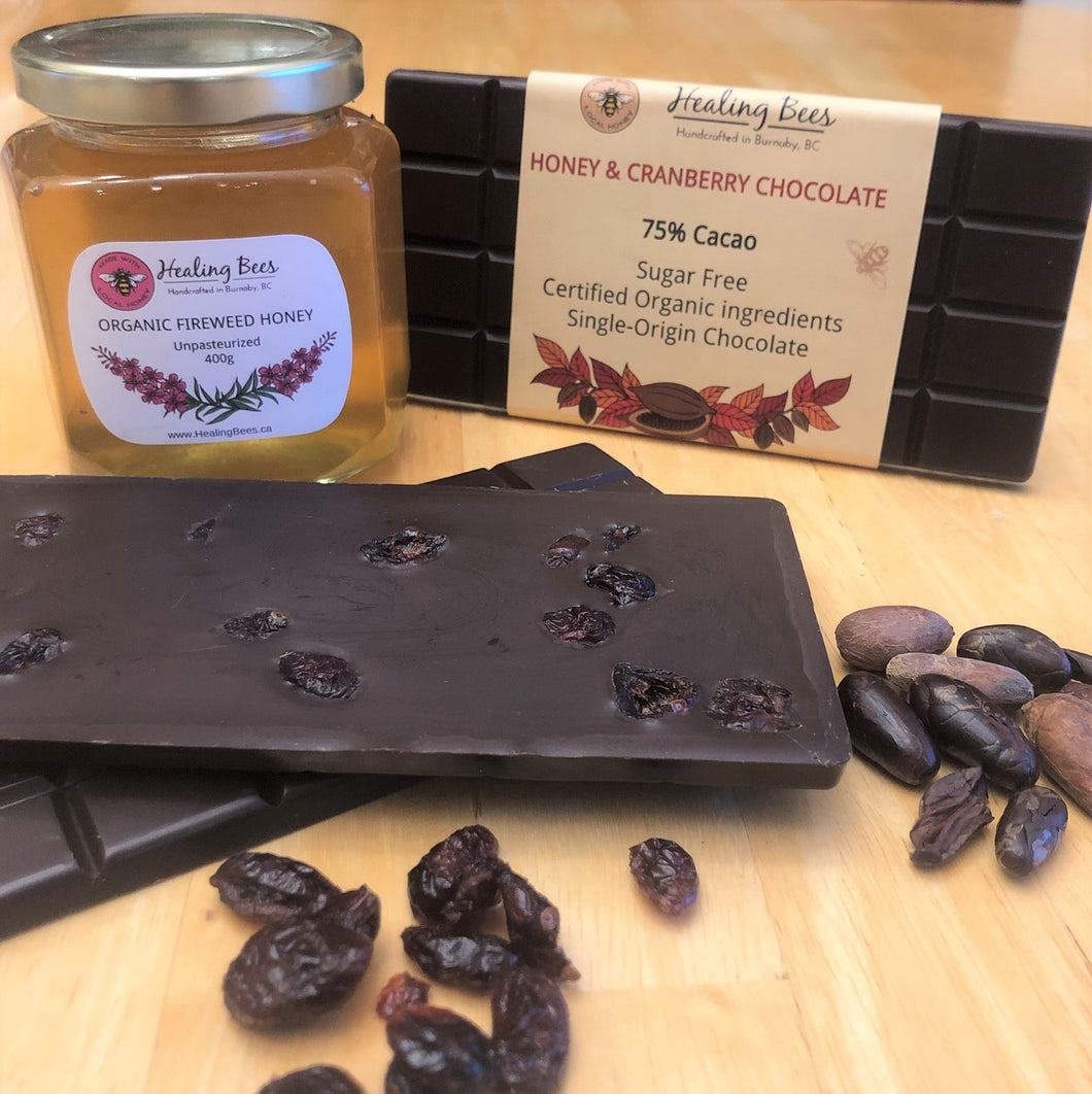 organic single origin chocolate with organic honey and certified organic fruits and almonds