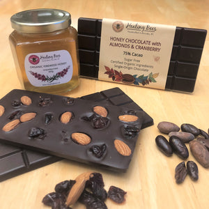 organic single origin chocolate with organic honey and certified organic fruits and almonds