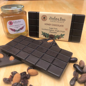 organic single origin chocolate with organic honey and certified organic fruits and almonds