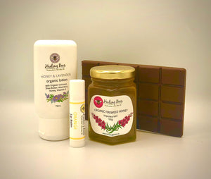 organic dark chocolate with natural lip balm and organic honey on sale with honey and lavender lotion