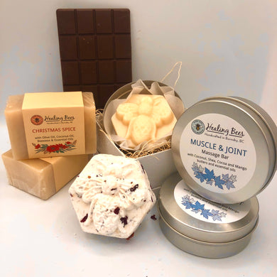 massage bar with Christmas Spice soap and dark chocolate artisan and bath bomb 
